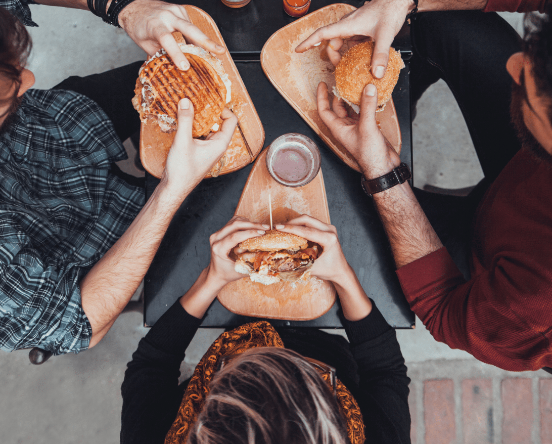 Diners eat at a restaurant franchise.