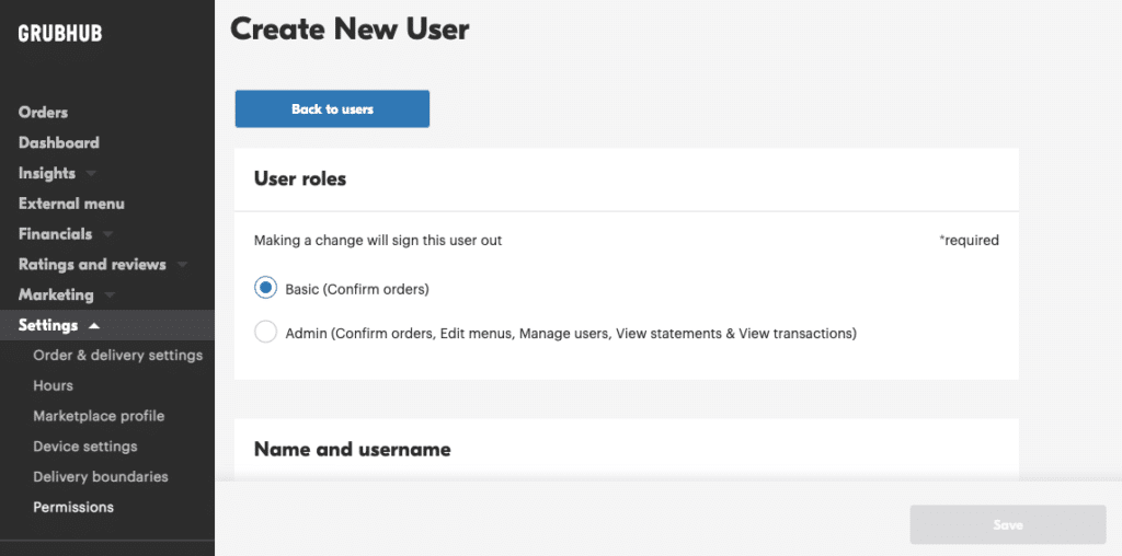 The "create new user" page on Grubhub for Restaurants.