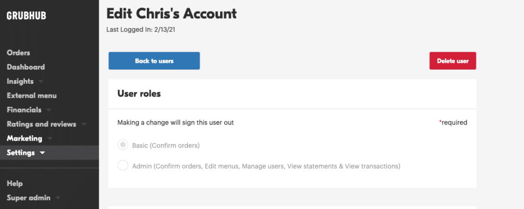The view of how you can change the type of user for each account.