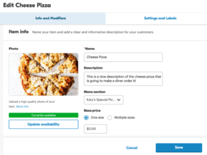 screenshot of a menu item within Grubhub for Restaurants portal