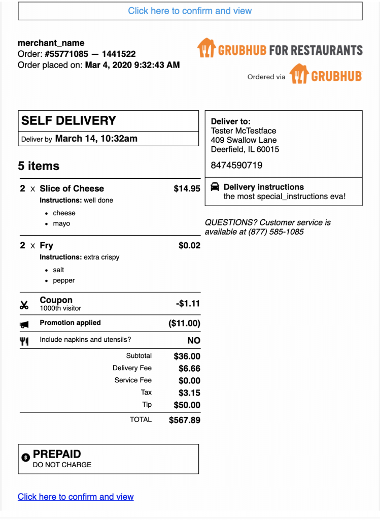 Screenshot of Grubhub merchant receipt