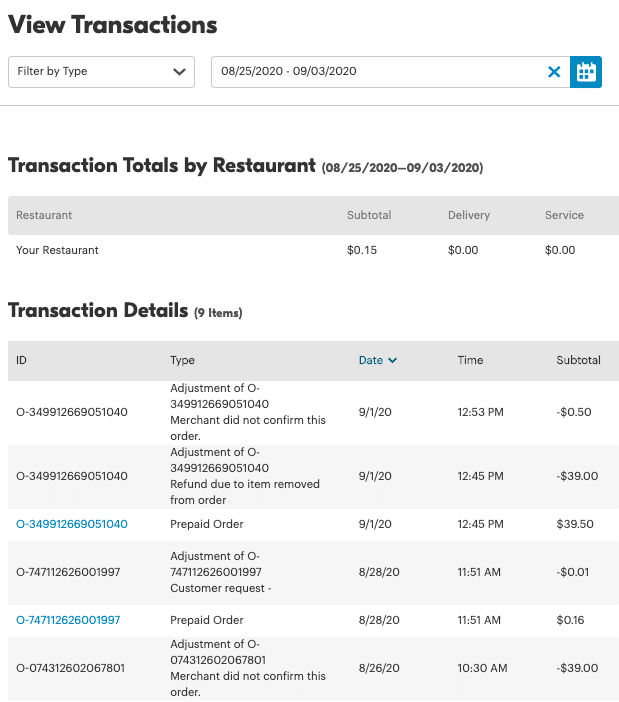 Screenshot of transactions within Grubhub for Restaurant platform