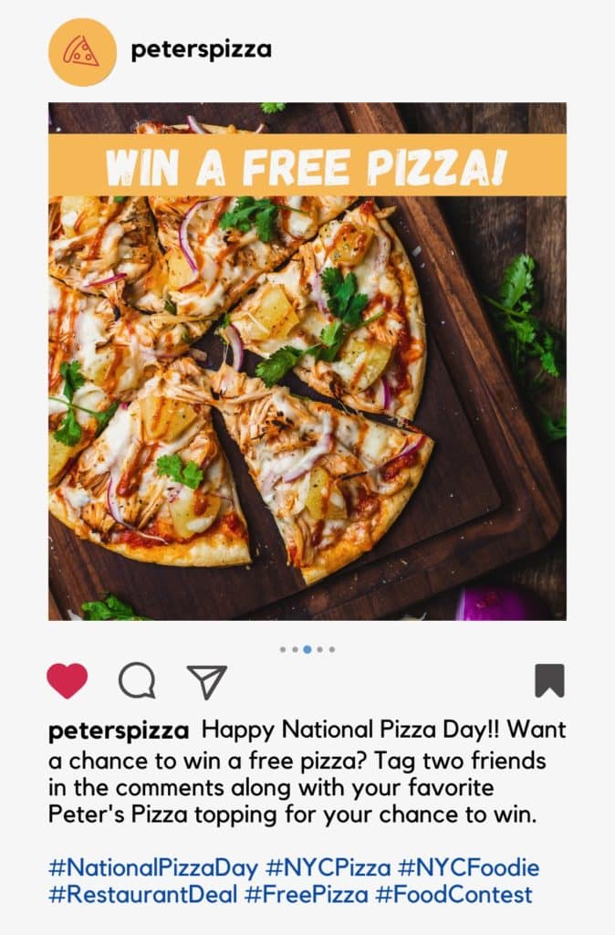 An Instagram post for a free pizza contest