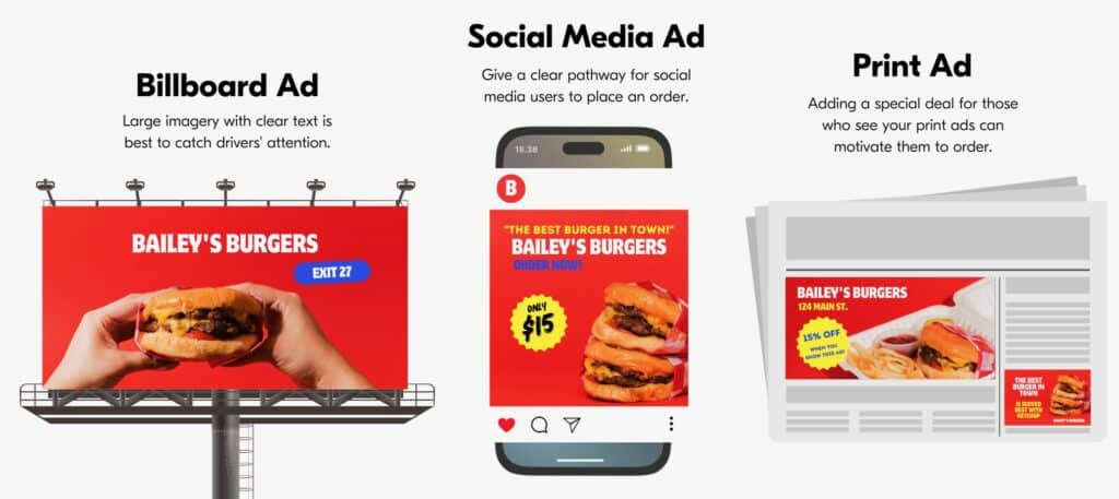 Billboard Ad, Social Media ad and print ad for a restaurant.