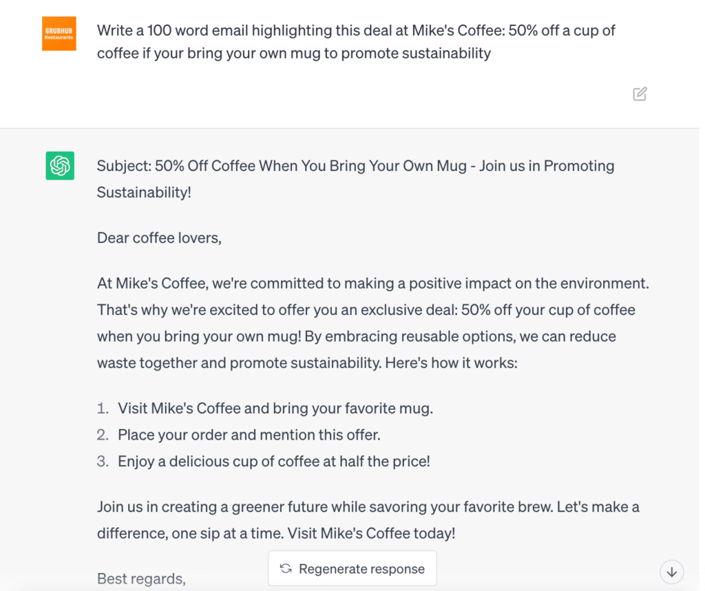 Grubhub for Restaurants asks ChatGPT to create a marketing email about a coffee deal.
