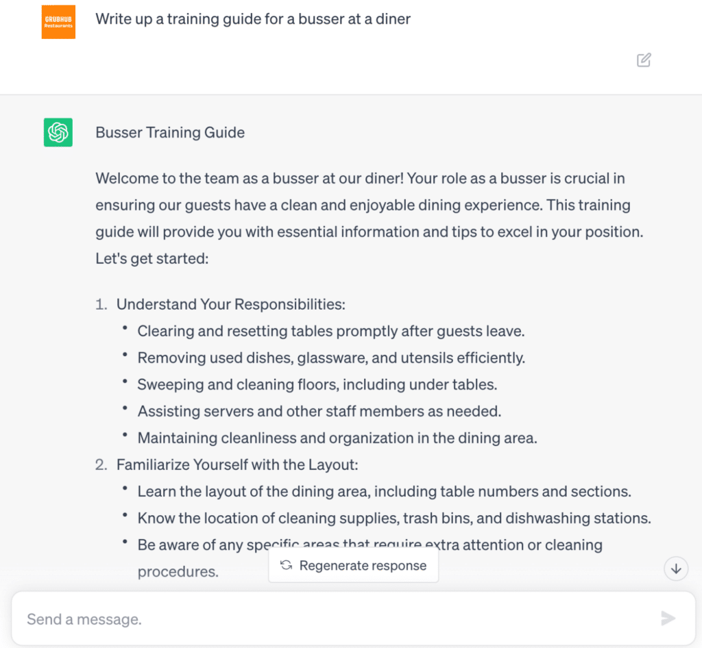 Grubhub for Restaurants asks ChatGPT to create a training guide for a busser at a diner.