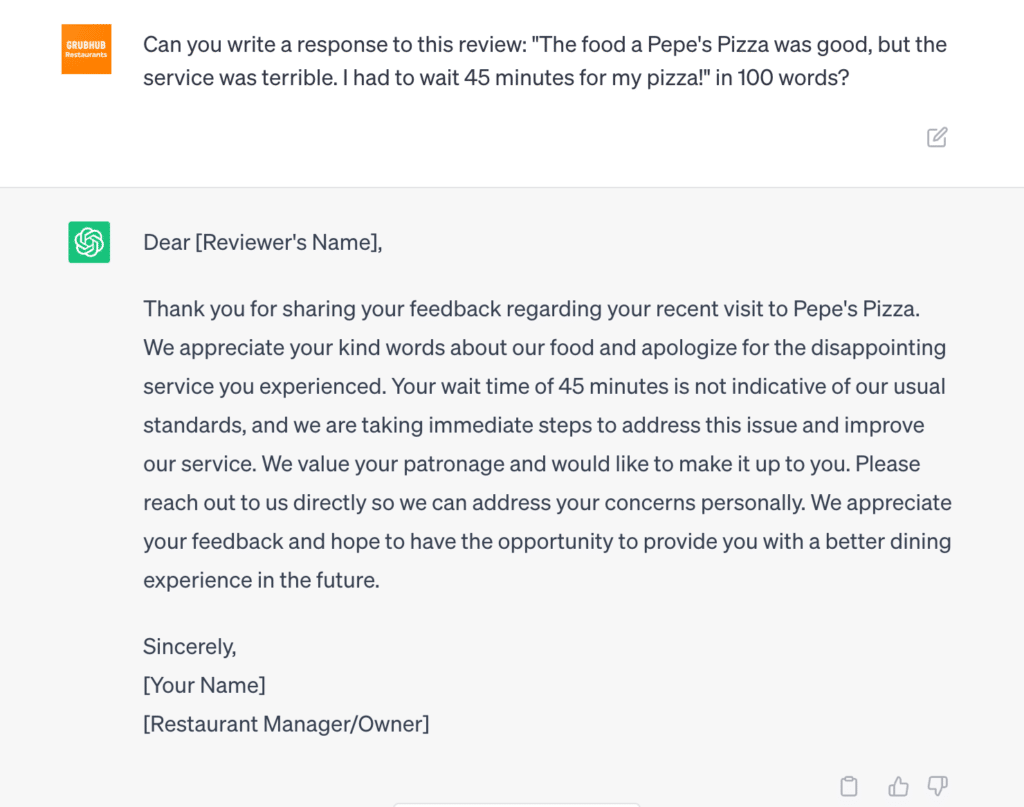 Chat GPT writes a 100 word response to a bad customer review.