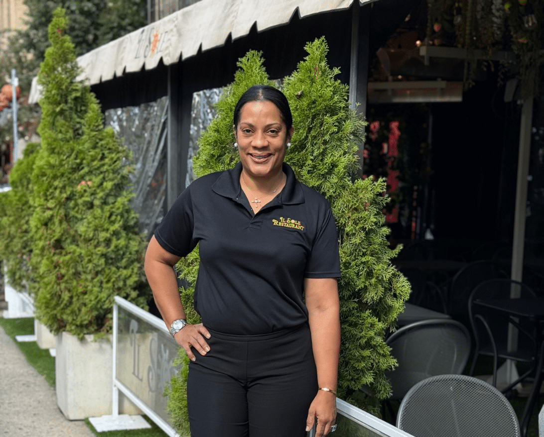 Sandra Jaquez stands in front of II Sole, a Grubhub restaurant.