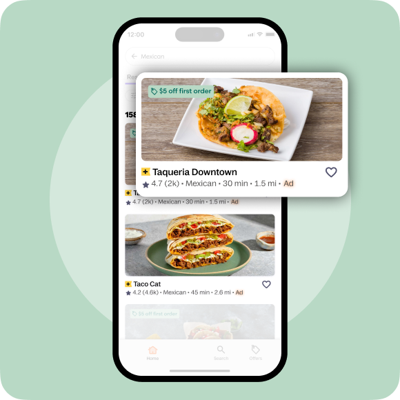 Grubhub app showing a sponsored restaurant listing and promoted menu item.
