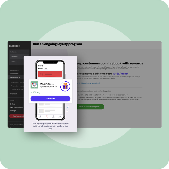 Grubhub Loyalty dashboard and diner app showing a recurring reward program.