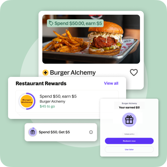 Grubhub app showing restaurant rewards progress and a five-dollar reward redemption.