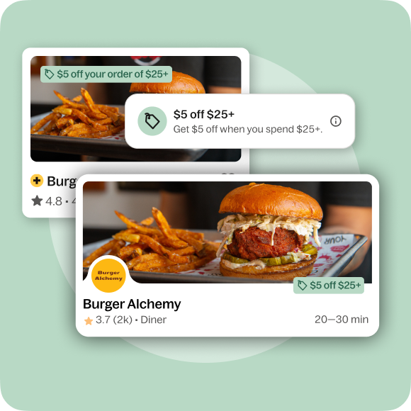 Grubhub app restaurant cards showing a five-dollar discount promotion.